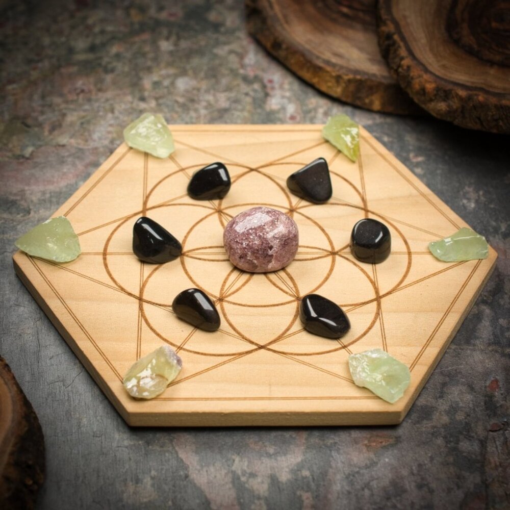 Panic and Anxiety Relief Mini Crystal Grid Set - Your choice of Wood Grid Board